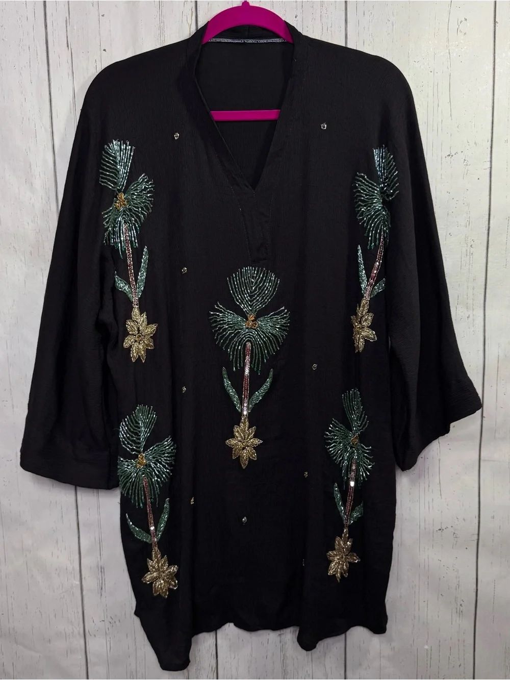 Beaded Black Tunic Top Embellished Floral Caftan Boho Resortwear Artsy Beaded OS
